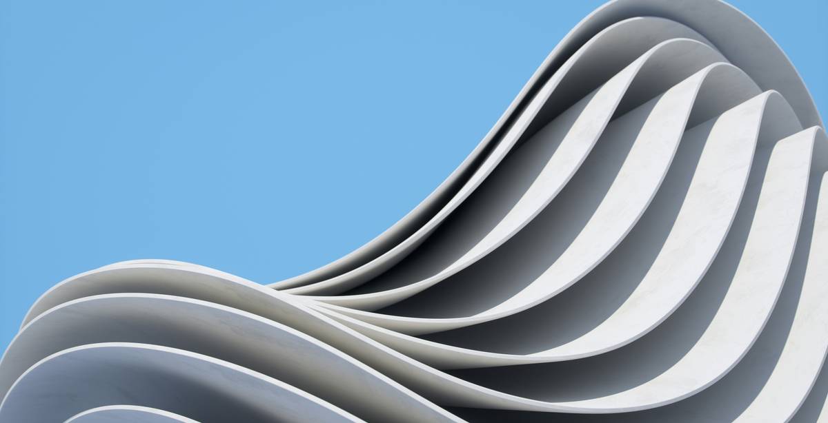 La imagen muestra una estructura arquitectónica con formas onduladas y suaves en un fondo azul claro.