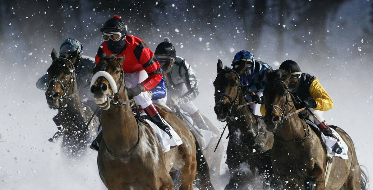 Una competencia de caballos en la nieve con jinetes en acción.
